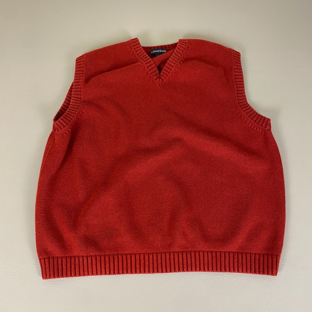 Lands' End Sweater Vest Men's XXL 50-52 Red Cotton Knit V Neck‎ Made in Japan